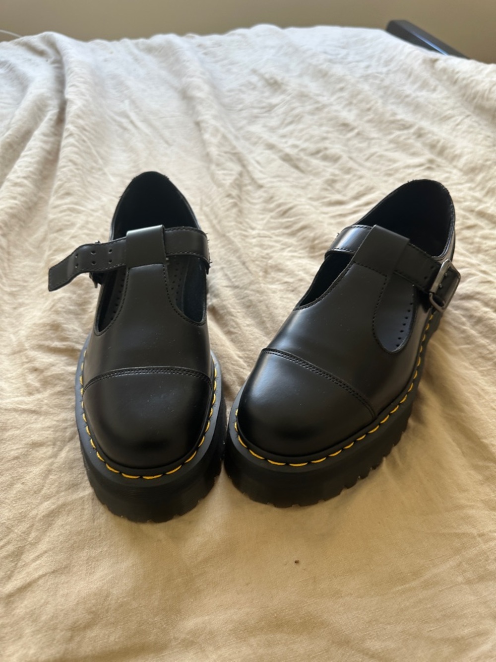 NWOT Dr. Martens Black Leather Mary Jane Platform Shoes with Yellow Stitching - Picture 2 of 3